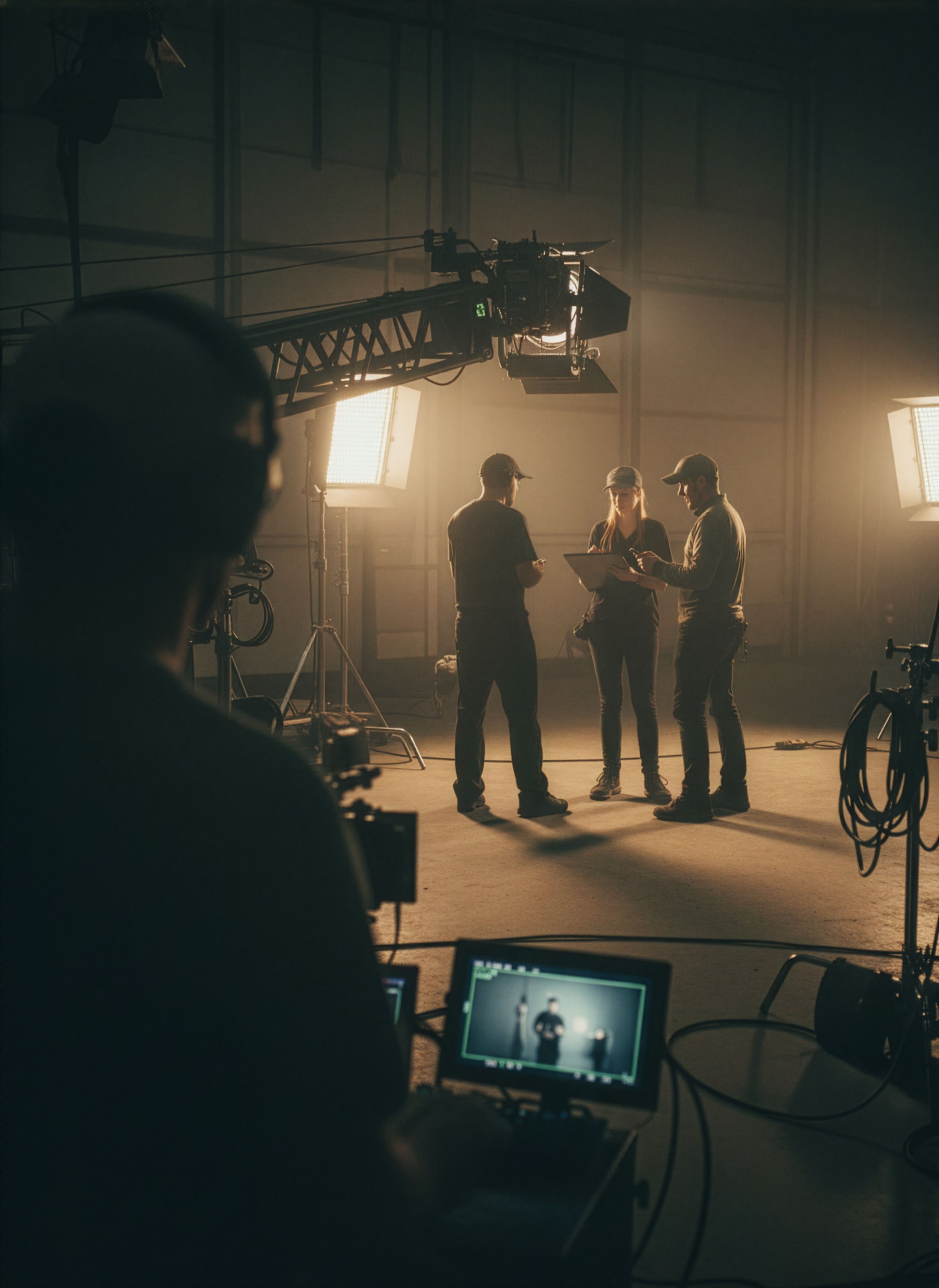 Behind-the-scenes of a filming session with three people in conversation, surrounded by film equipment and studio lighting.