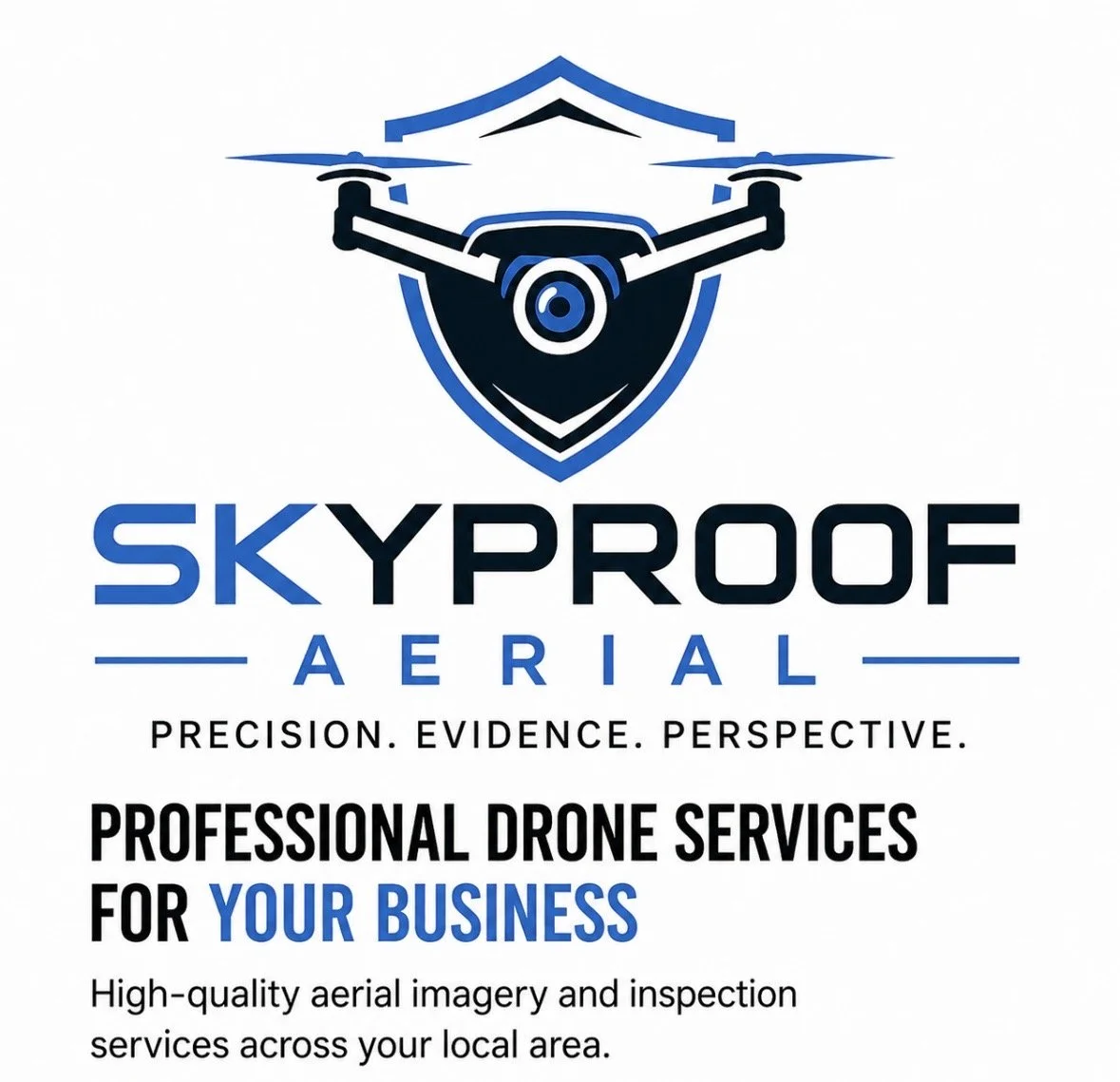 Logo for Skyproof Aerial, featuring a drone with a shield, and text promoting professional drone services for businesses with aerial imagery and inspection.