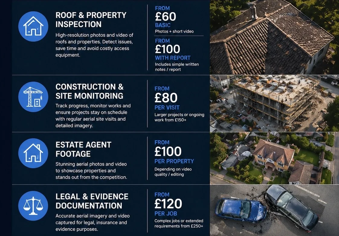 Marketing flyer advertising various property inspection services with images of rooftops, construction sites, a house, and cars.