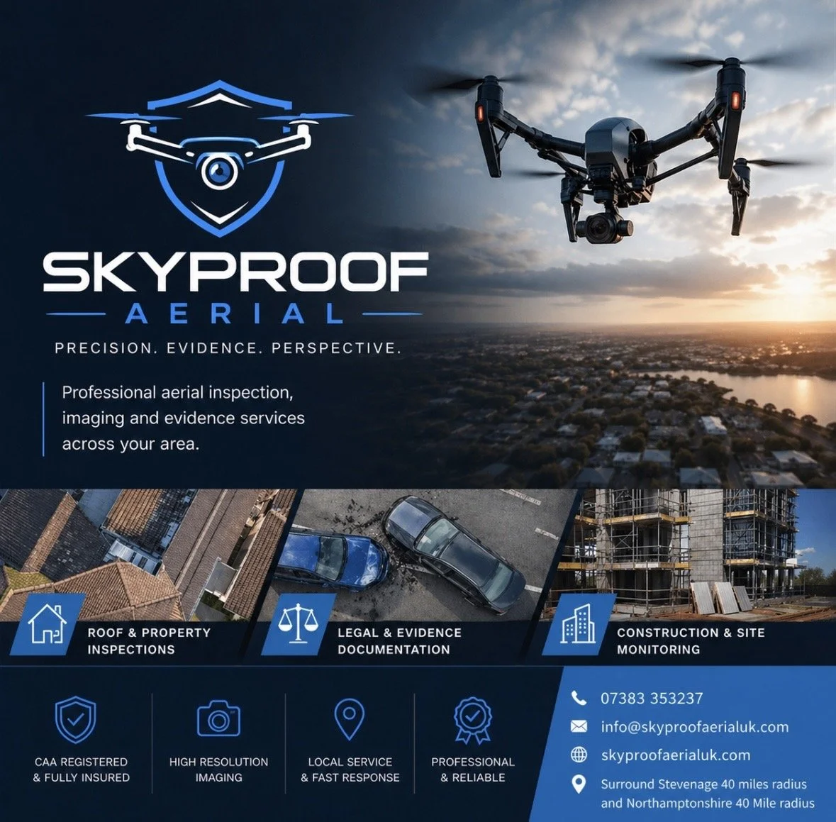 Advertisement for Skyproof Aerial services featuring a drone flying over a cityscape at sunset. Includes information about their inspection, evidence, and monitoring services with contact details and icons highlighting insurance, imaging, responsiveness, and reliability.