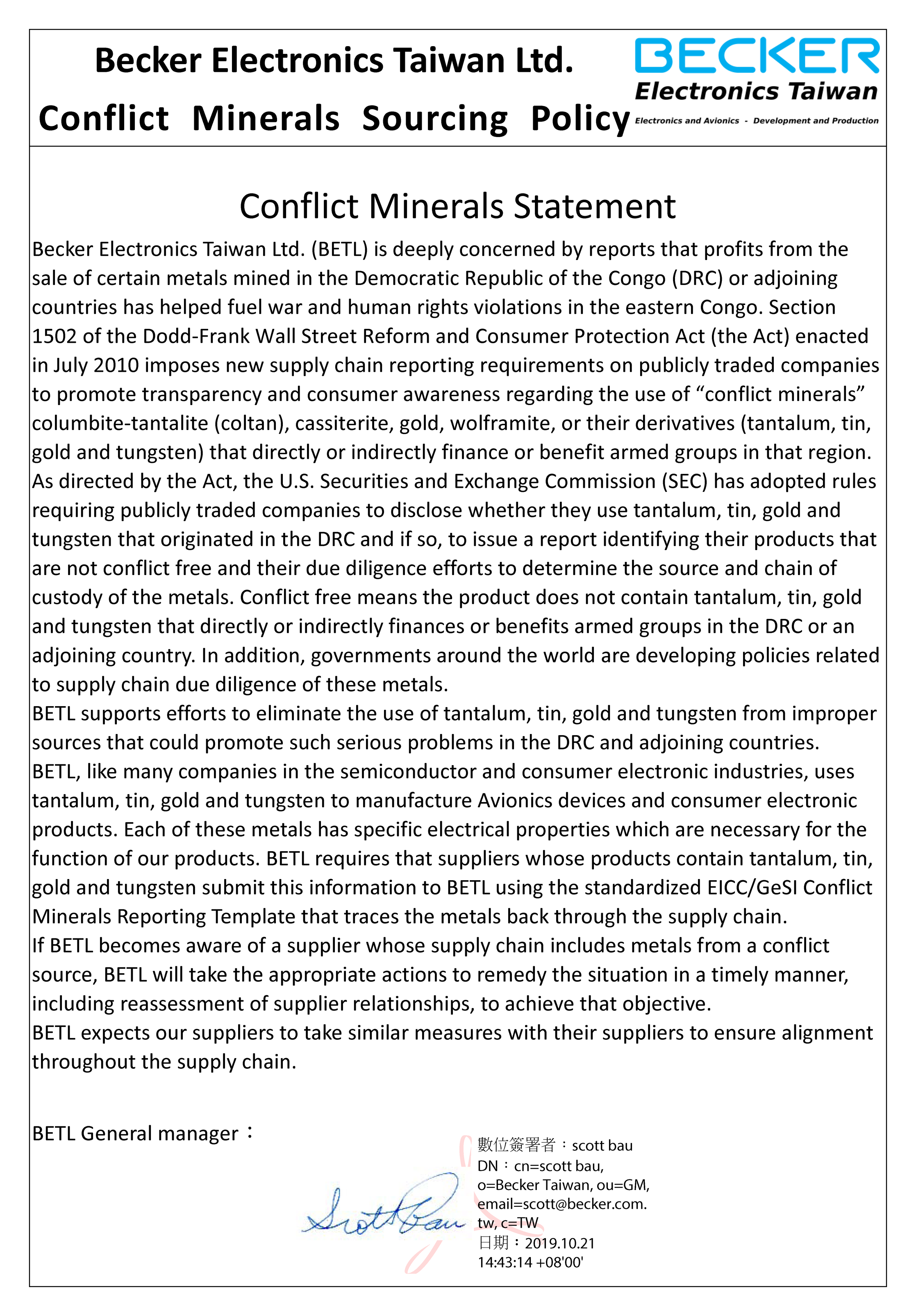 Document from Becker Electronics Taiwan Ltd. detailing conflict minerals sourcing policy, including information on conflict minerals, regulations, supply chain due diligence, and supplier responsibilities. Contains signature and date at the bottom.
