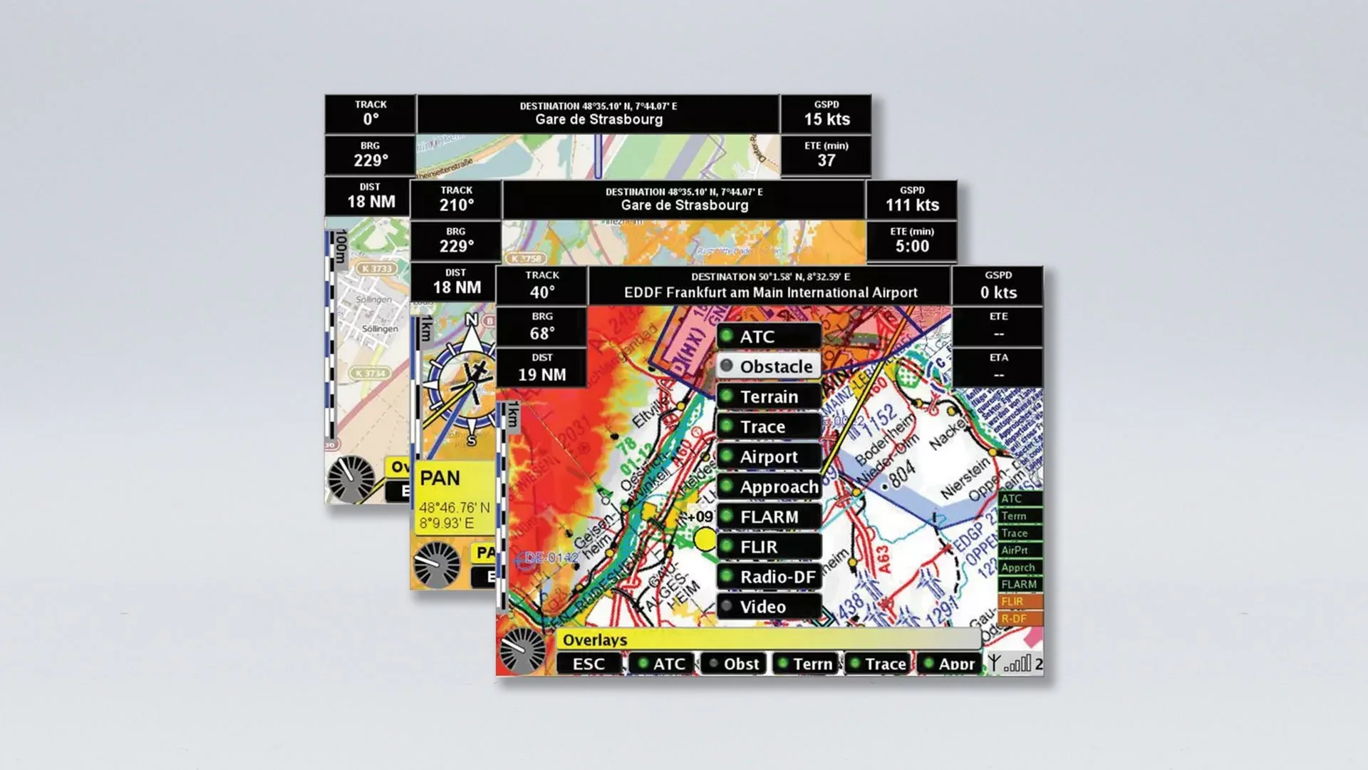 Screenshots of aviation navigation maps displaying flight routes, airport information, weather overlays, and navigation icons.