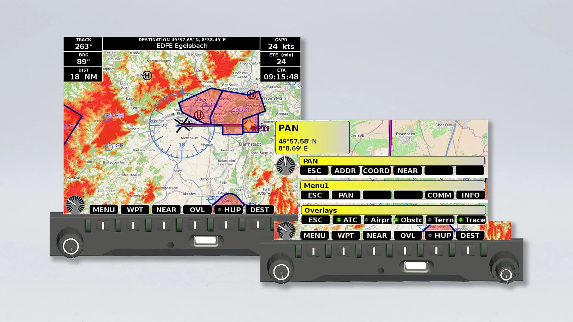 Aircraft cockpit display showing a weather map and navigational data, including altitude, groundspeed, heading, and destination coordinates.