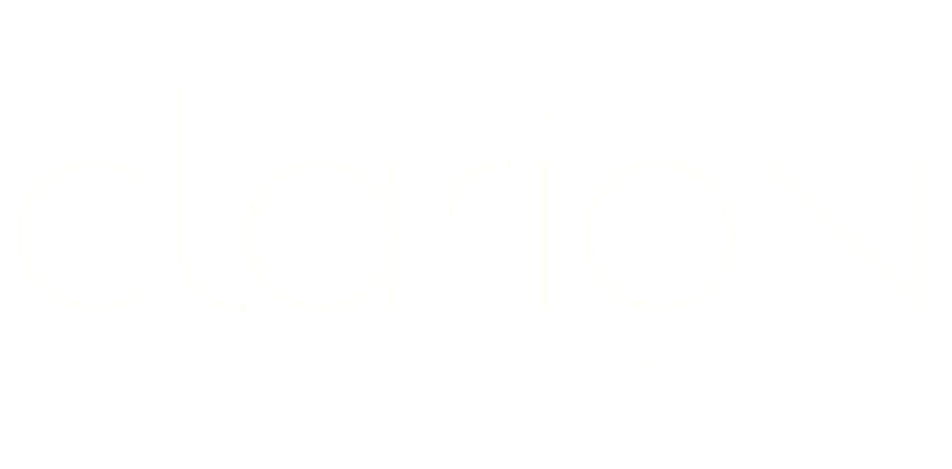Logo for Clarion Psychological Assessments with stylized text and a black background