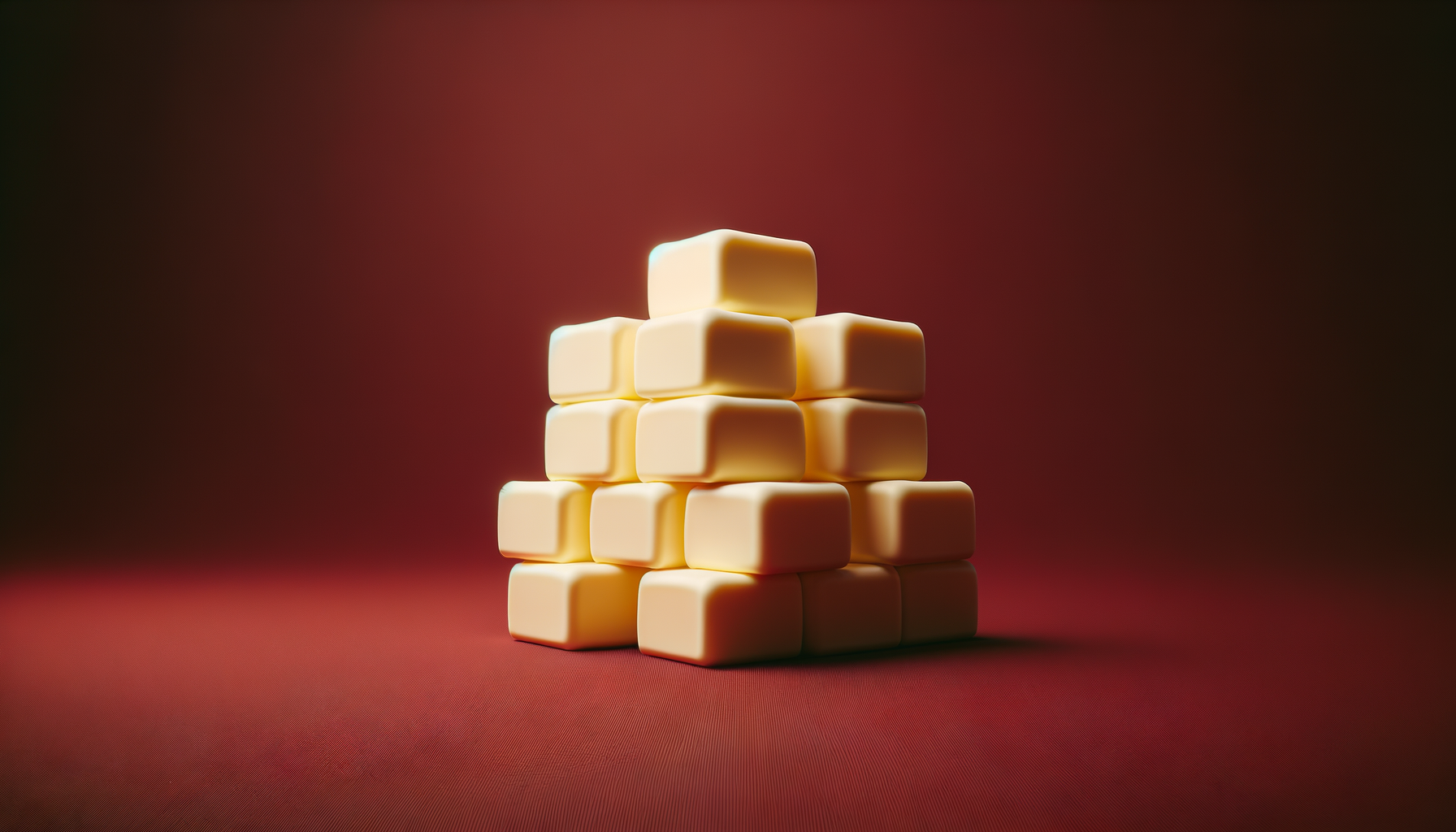 Un empilement de carrés jaunes formant une pyramide sur fond rouge dégradé.