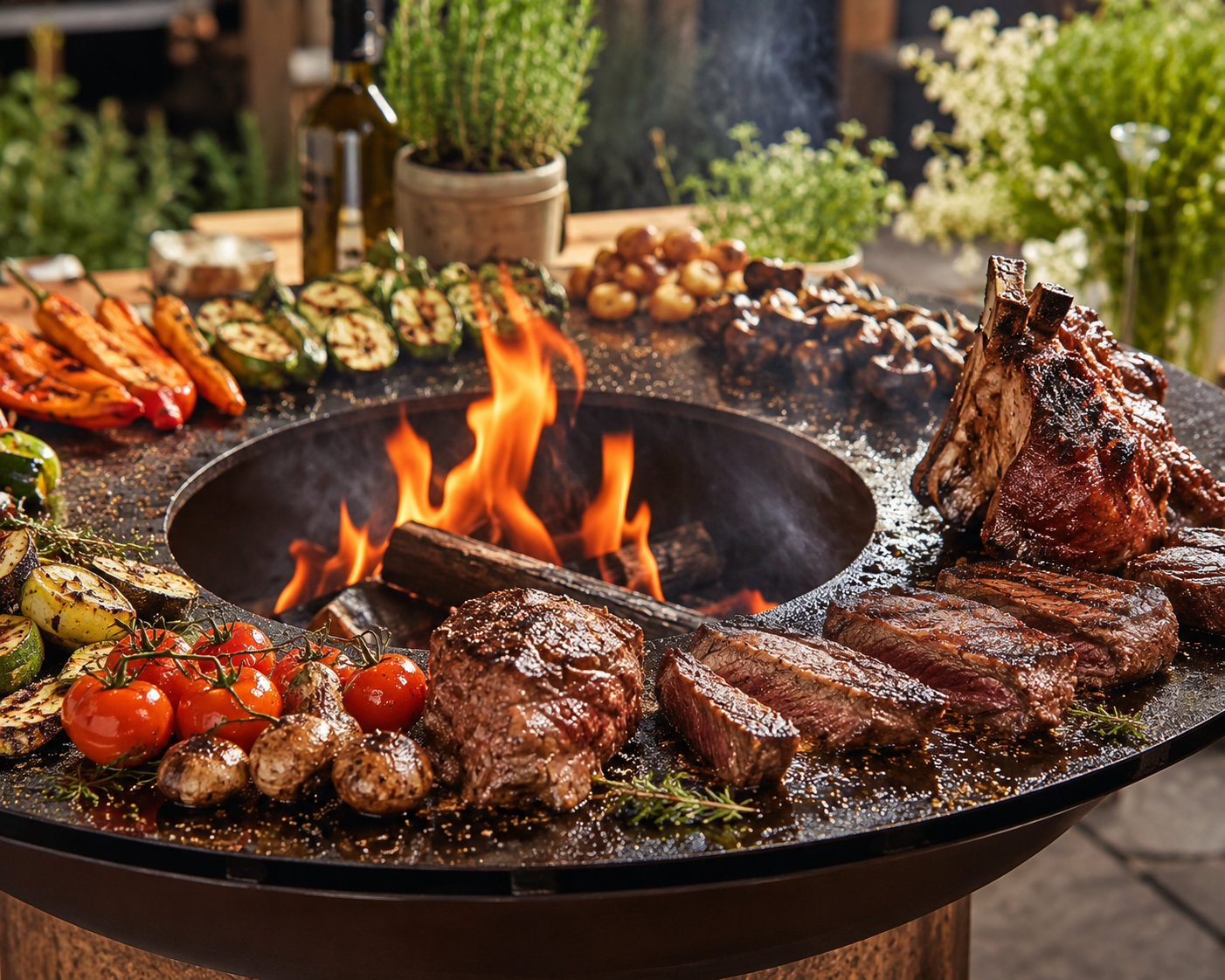 Viande grillée avec des légumes et des herbes sur un BBQ