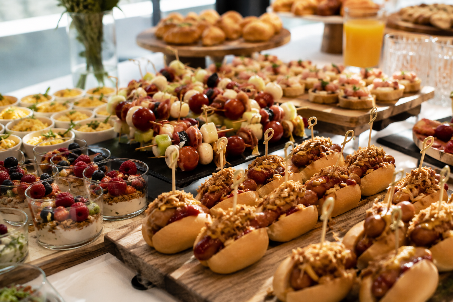 Buffet avec diverses bouchées, y compris hot dogs, brochettes de fruits, verrines de desserts aux fruits rouges et autres amuse-bouches, sur des plateaux en bois et en verre.