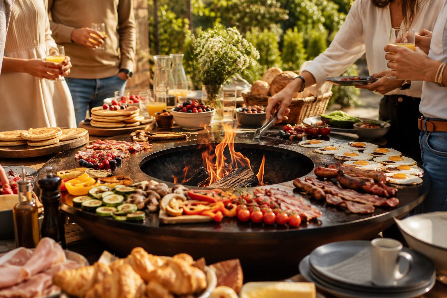 Groupe de personnes faisant un barbecue en extérieur avec plusieurs plats, fruits, œufs et viandes, autour d'un brasero central.