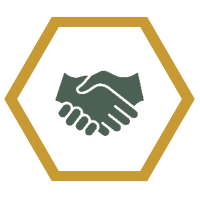 Illustration of a handshake inside a black hexagon with a gold outline.