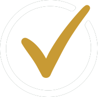 A white circle with a black outline and a gold checkmark inside.