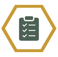 A clipboard with a checklist on it, inside a hexagonal frame