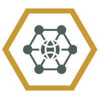 Hexagon-shaped icon with interconnected nodes and a globe in the center, representing network or global connectivity.