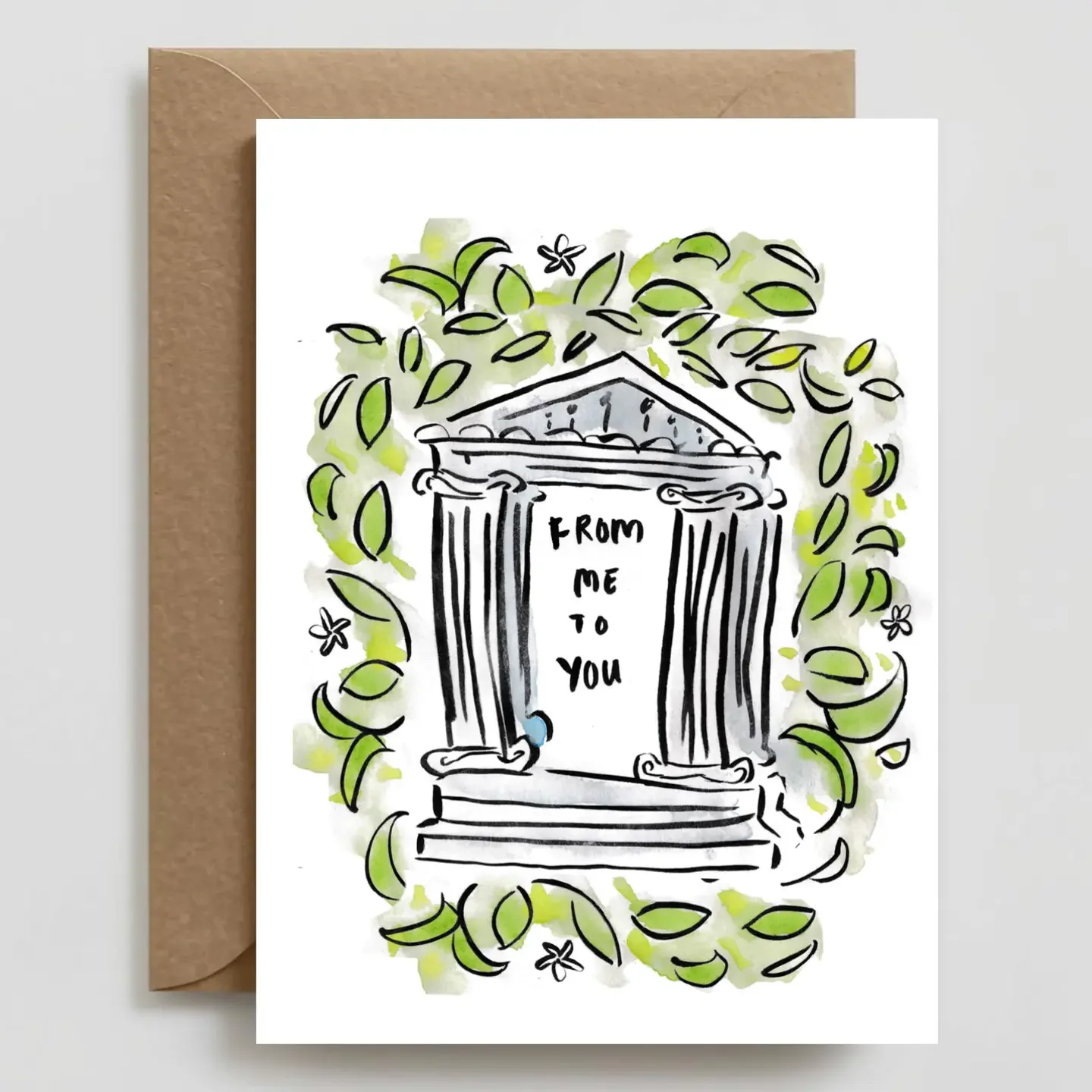 Greeting card with a black and white illustration of a Greek temple surrounded by greenery, with the text "From Me to You" on the temple door.