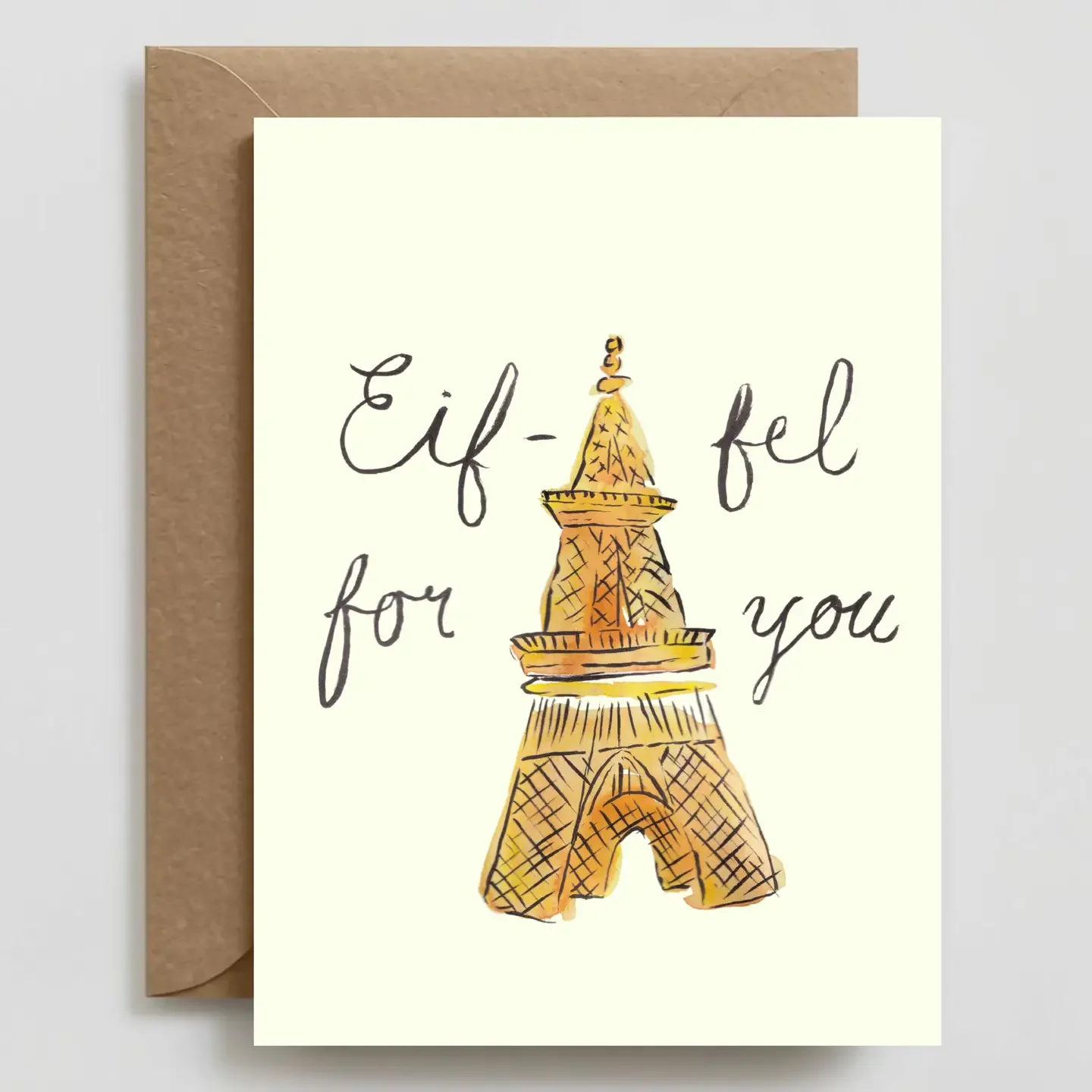 A greeting card with a drawing of the Eiffel Tower and the words 'Eiffel for you' in cursive script.