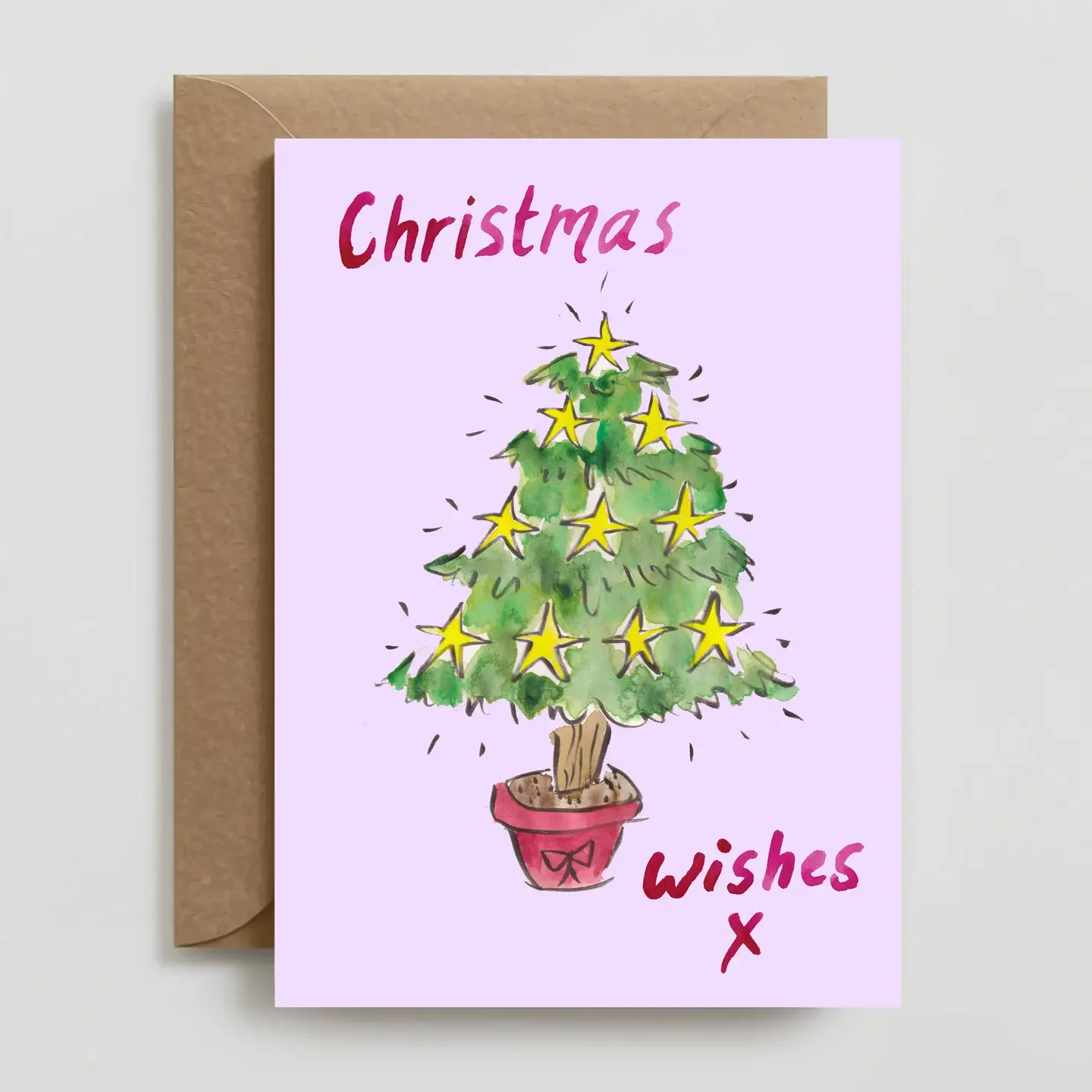 Watercolor illustration of a decorated Christmas tree with yellow stars as ornaments, in a red pot, with the word 'Christmas' written at the top and 'wishes' at the bottom.
