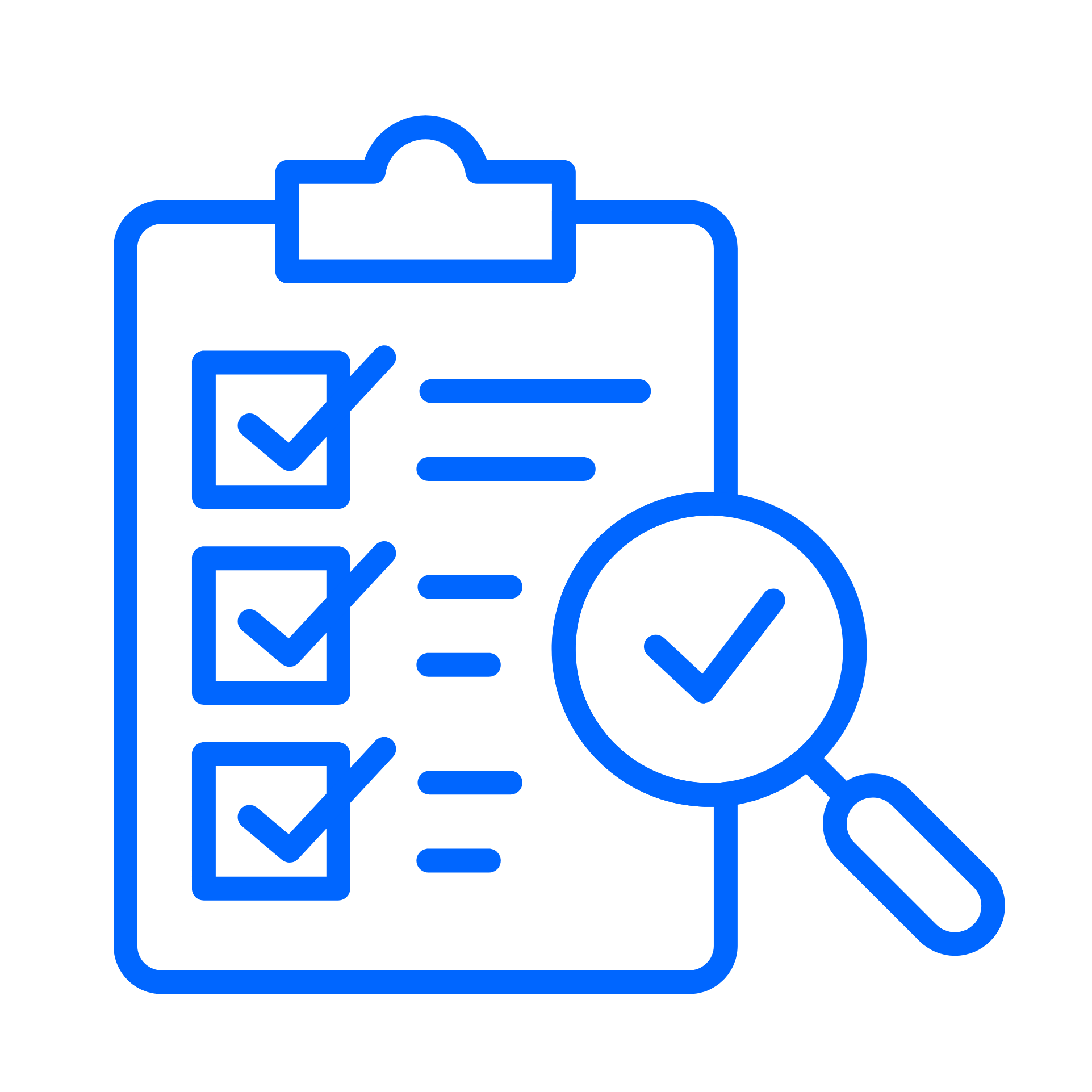 Neon line art of a clipboard with checkmarks, a magnifying glass, and a pie chart.