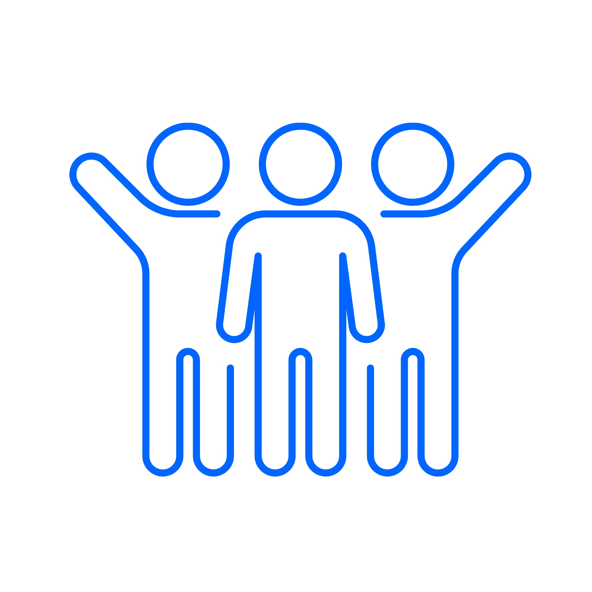 Outline of a hand cupping a person with three circles above the hand, symbolizing support or care, with blue accents on the hand and circles.