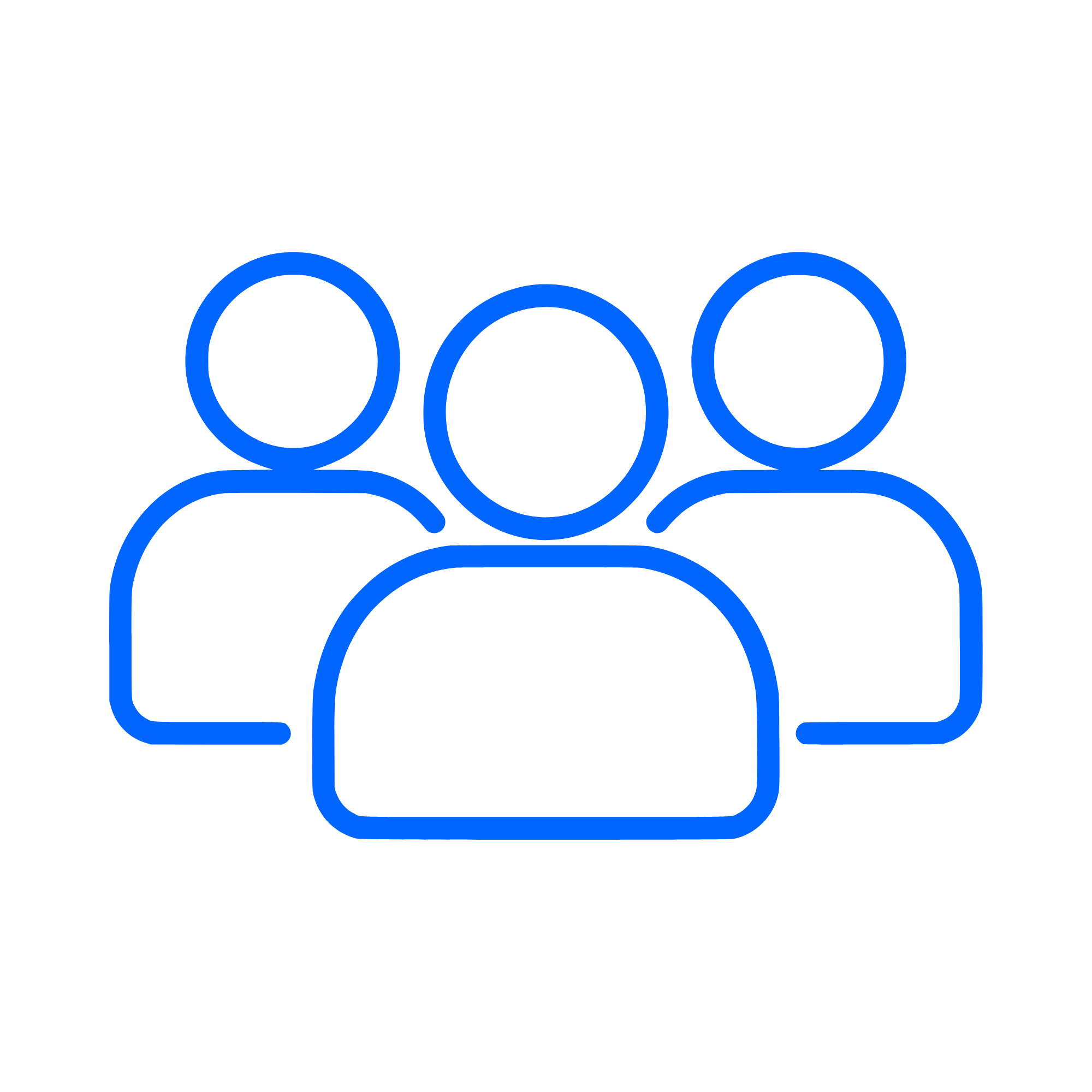 Outline of people in blue, connected in a chain with a person at the front.