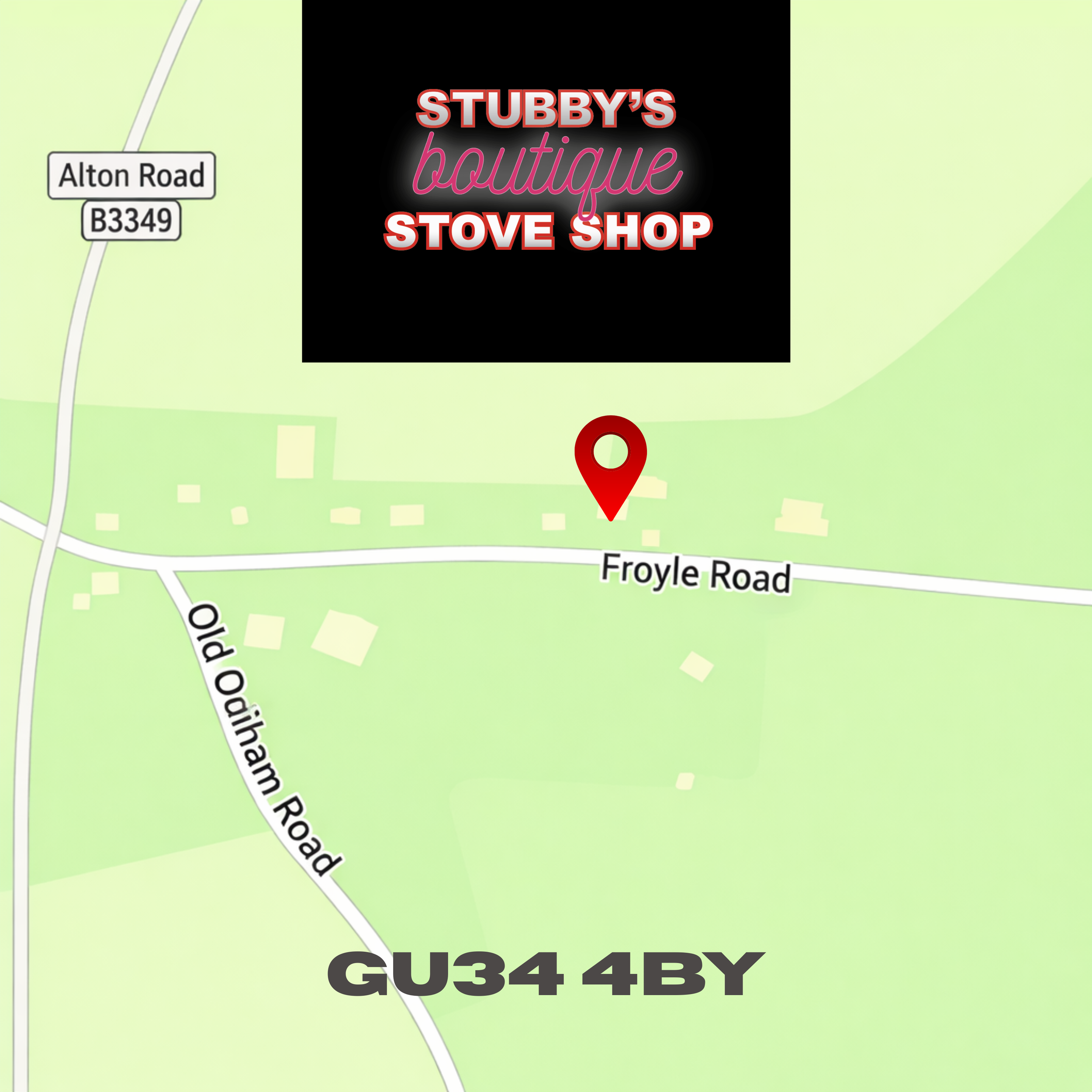Map showing the location of Stubby's Boutique Stove Shop at the intersection of Froyle Road and Old Oainham Road, with a nearby road labeled Alton Road. There is a black rectangle at the top with the shop's name, and the address GU34 4BY is at the bottom in bold black letters.