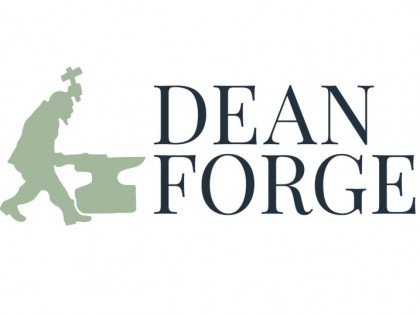 Logo with a green silhouette of a blacksmith at an anvil and the text 'Dean Forge' in black.
