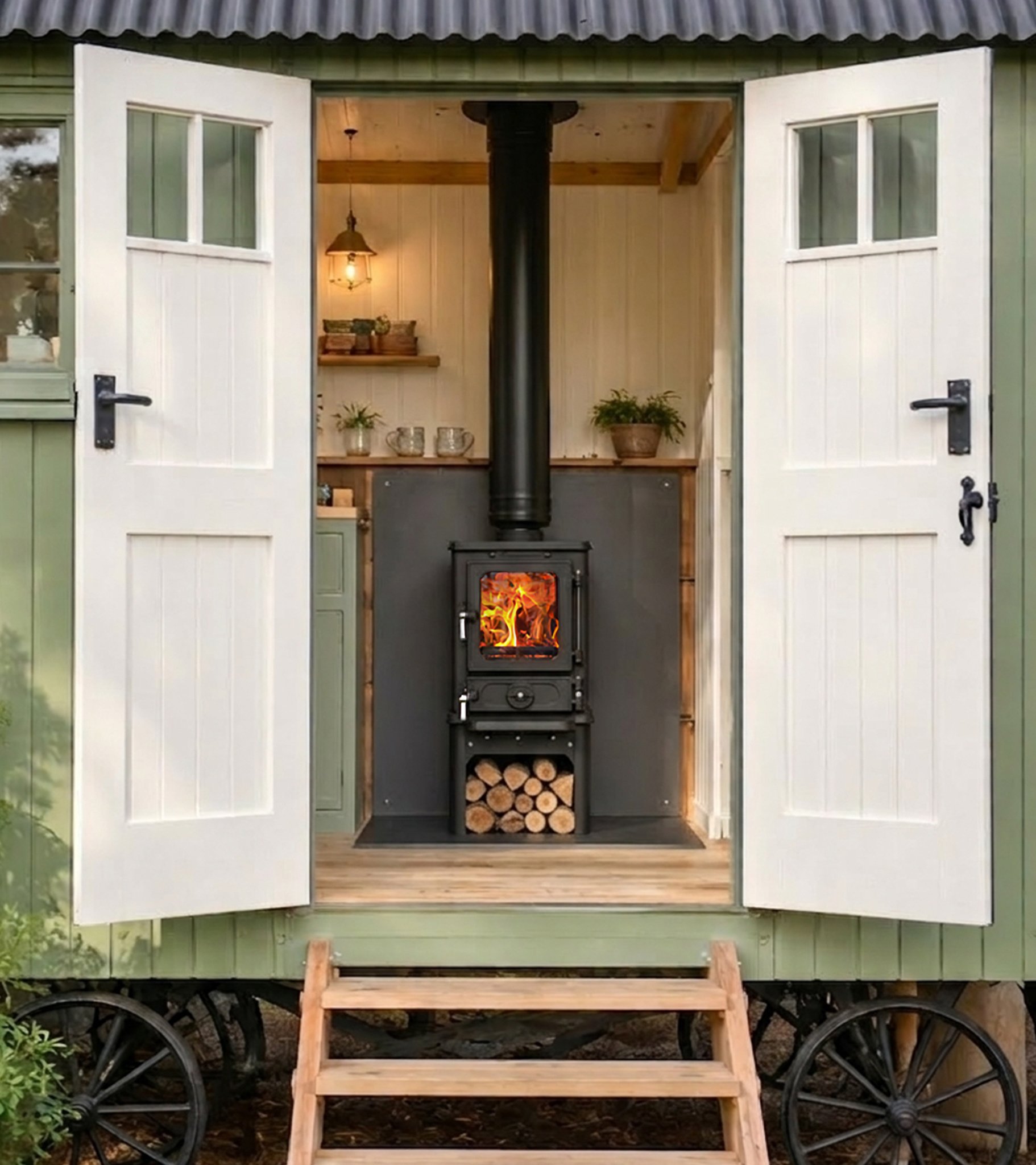 A small green wooden house with white double doors open to reveal a cozy interior with a black stove, wooden beams, and decorative plants. There are logs stacked in a cubby below the stove, a wooden porch with steps leading up to it, and large wheels on either side of the house.