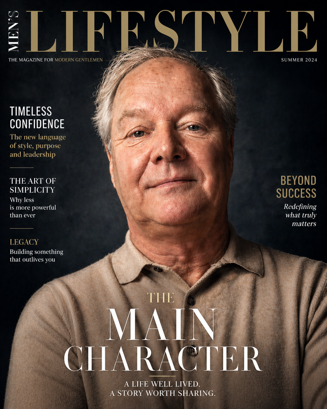 Close-up portrait of an elderly man with gray hair, wearing a beige collared shirt, on the cover of Men's Lifestyle magazine, Summer 2024. The cover features headlines about confidence, simplicity, legacy, success, and character.