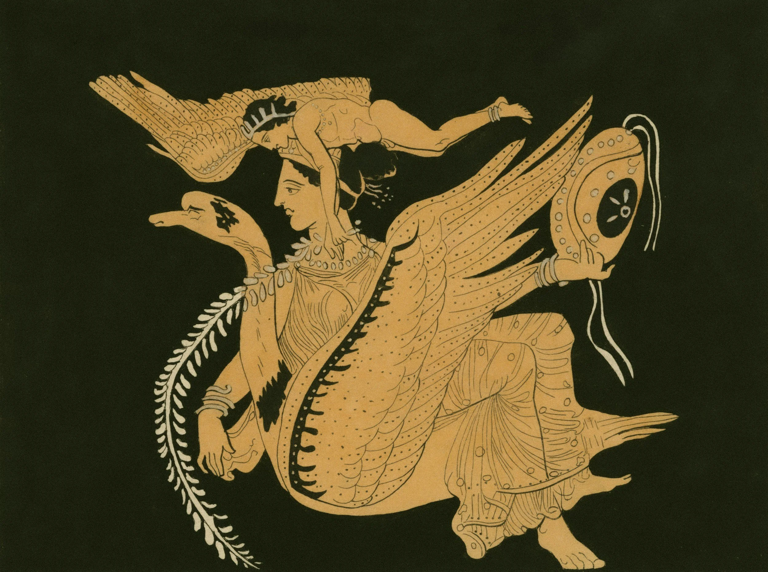 Gold-colored drawing of a woman with a fish tail, reclining with her eyes closed, on a black background.