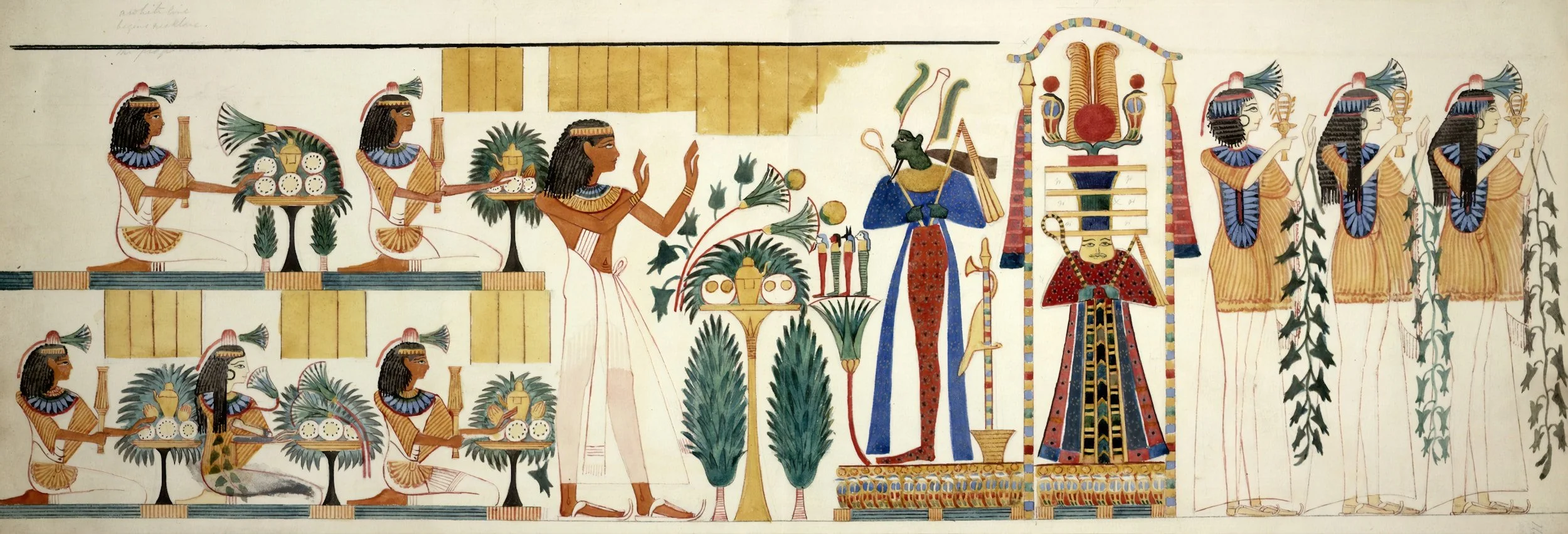 Ancient Egyptian wall painting depicting a banquet scene with seated figures holding food, offerings, and palm trees, along with standing deities and a pharaoh with a tall headdress.