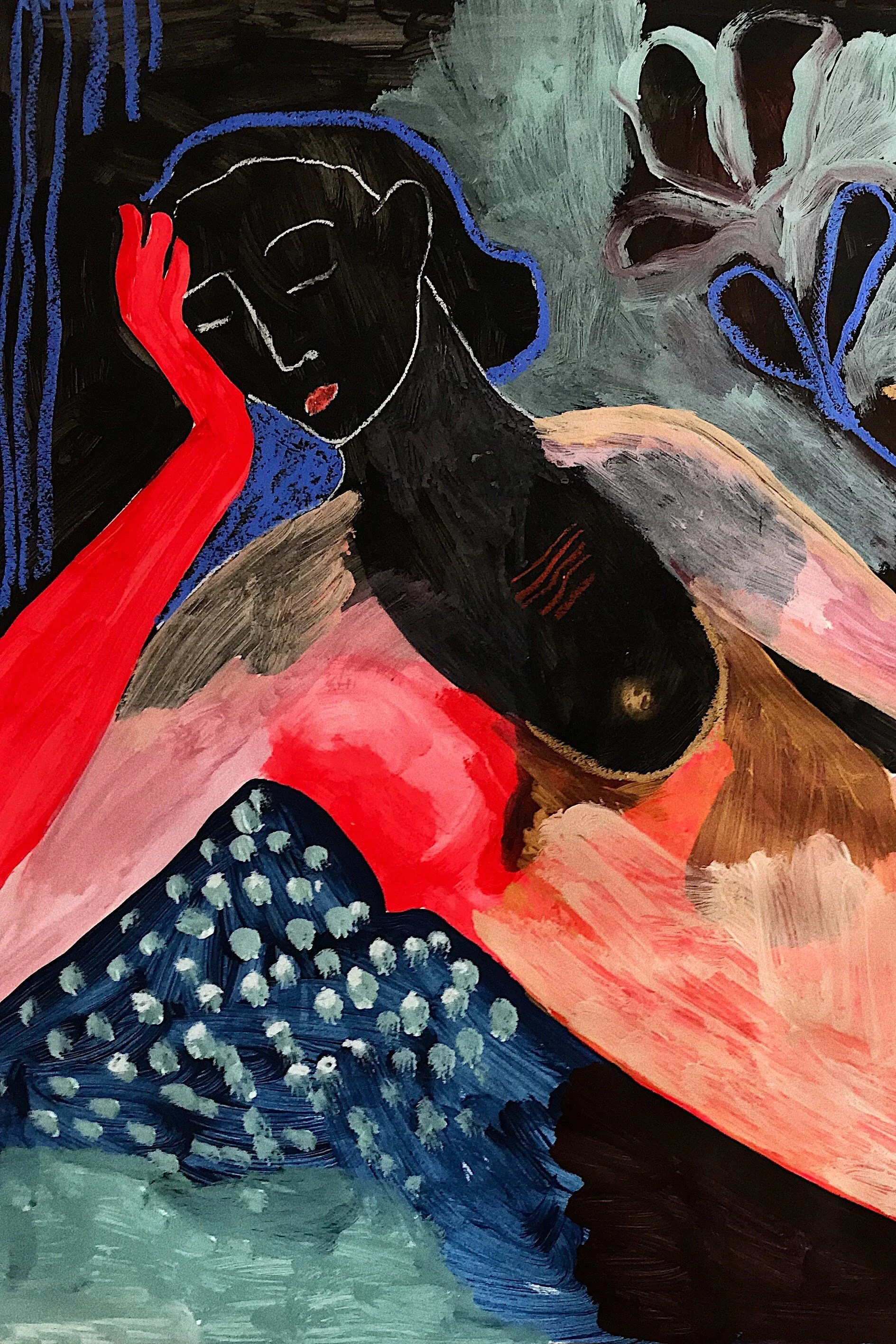 Abstract painting of a woman with black hair holding her head, with blue, red, and pink colors and bold brushstrokes.