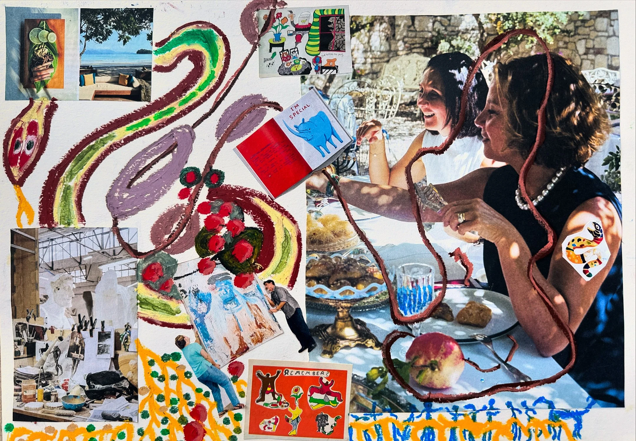 A collage of various images including a tropical beach scene, colorful drawings, art supplies, and two women smiling and engaging in an outdoor activity, with painted and cut-out art elements in the foreground.