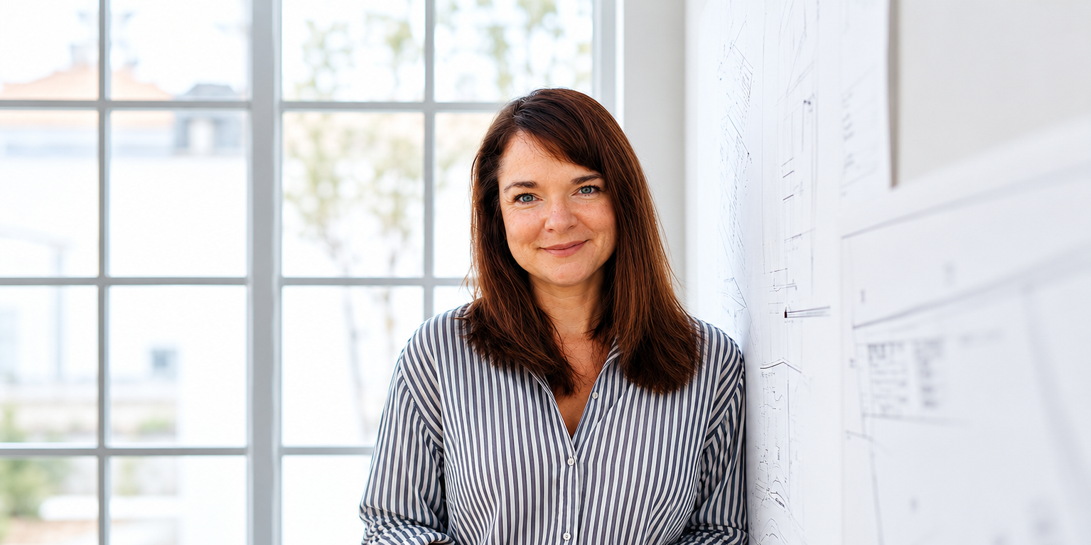 A woman with red hair and blue eyes smiling, standing indoors near a whiteboard and large window with grid panes.