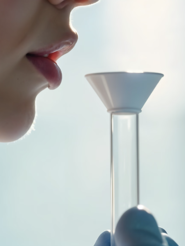 Toma de muestra test genético N-Gene en un tubo de ensayo con un embudo en la parte superior.
