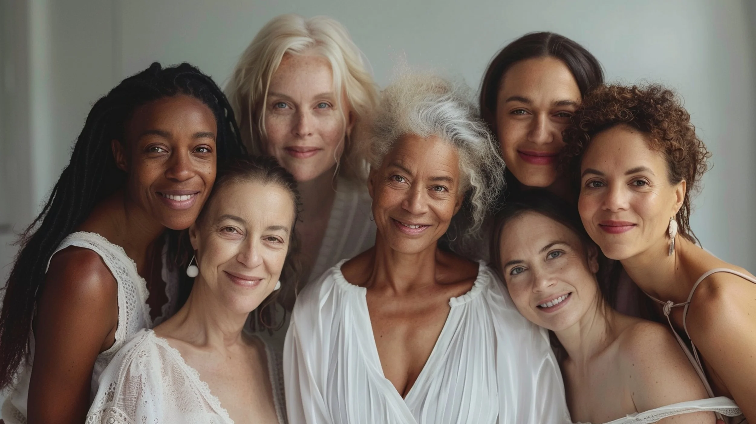 Grupo de mujeres de diferentes edades y razas sonriendo y posando juntas.