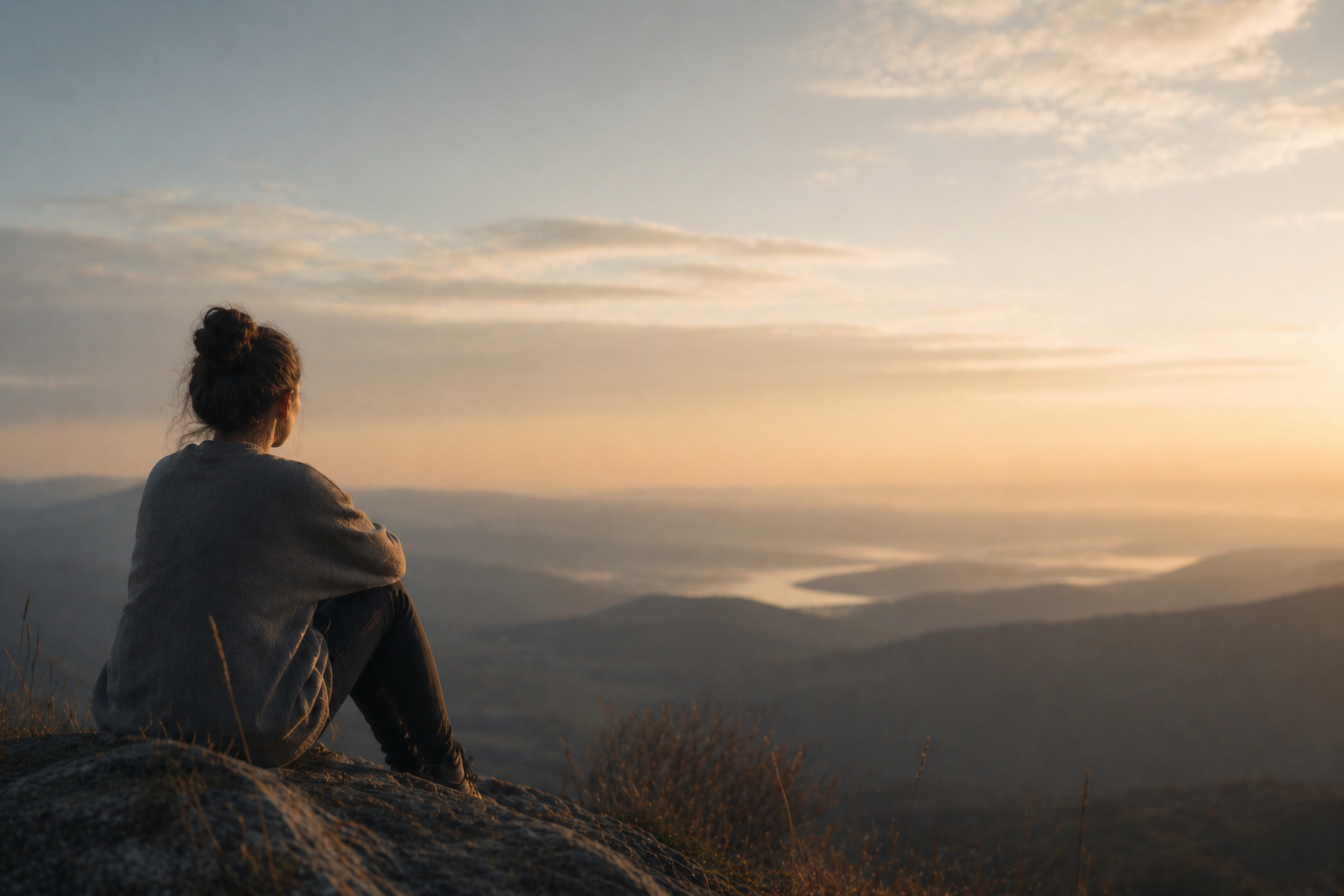 A woman sitting on a rocky hilltop, gazing at a sunset over a valley with rivers and mountains.