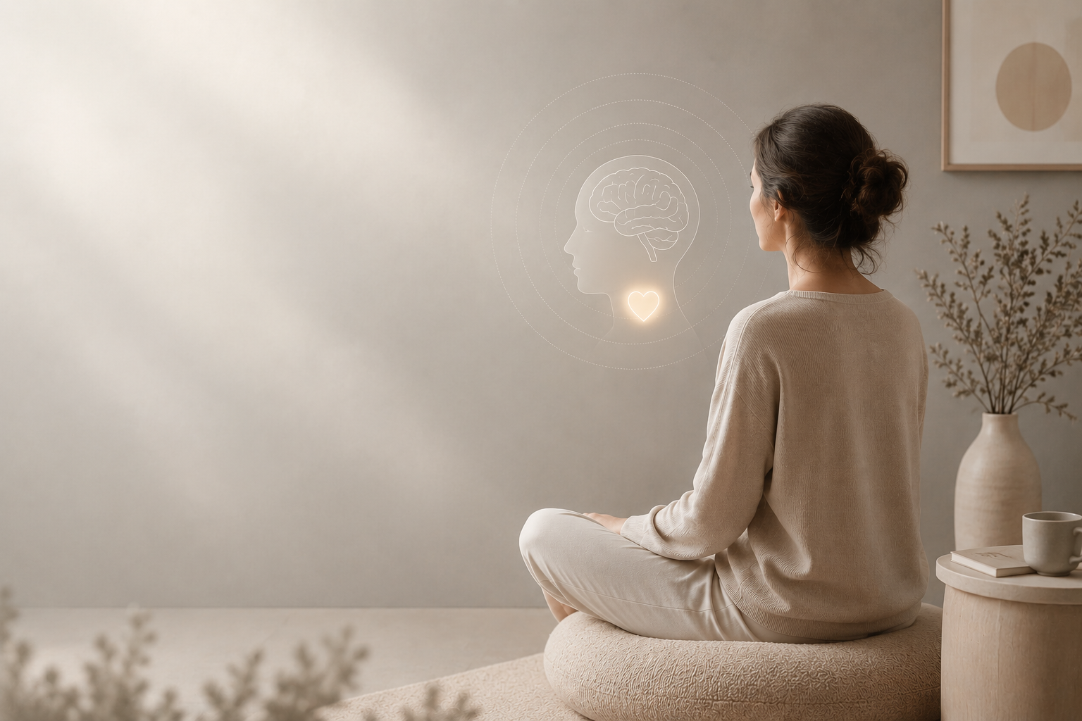 A woman sitting cross-legged on a cushion, with her back to the camera, looking at a virtual holographic display of a brain, heart, and concentric circles in a minimalistic room.