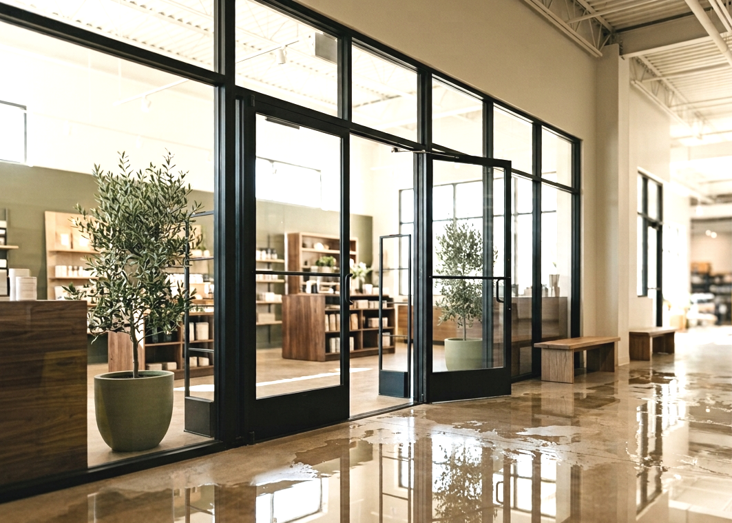 Interior view of a modern shop with glass doors, wooden furniture, and potted plants, with reflections on a polished floor. wet floor