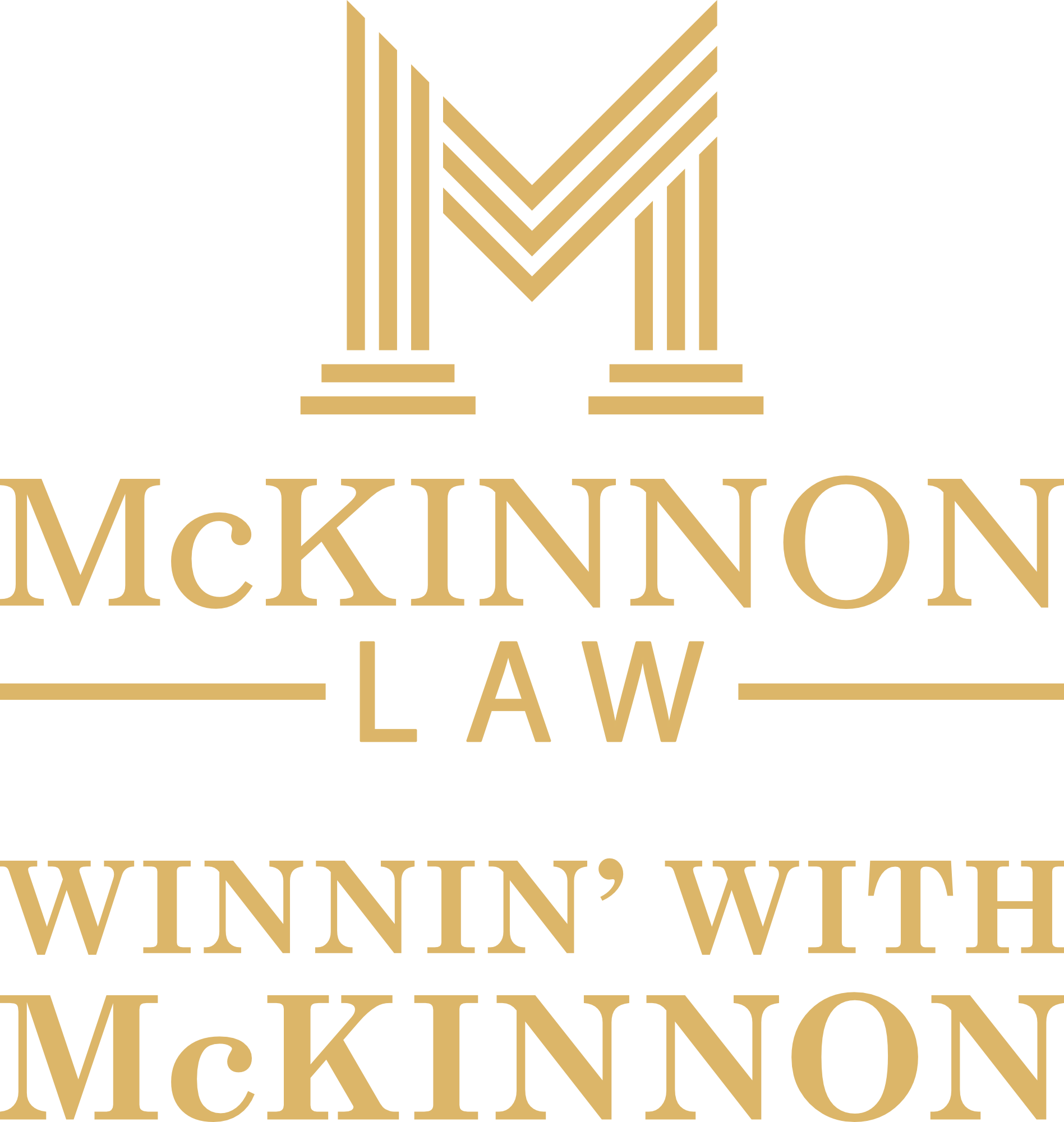 Gold and black logo with abstract geometric design and the text 'McKinnon Law' in gold.