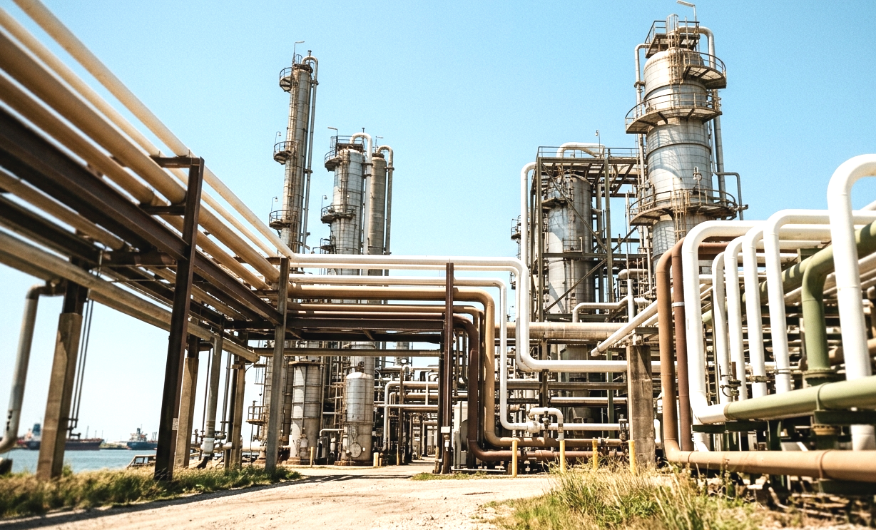 Industrial oil refinery with multiple pipes and distillation columns against a clear blue sky.