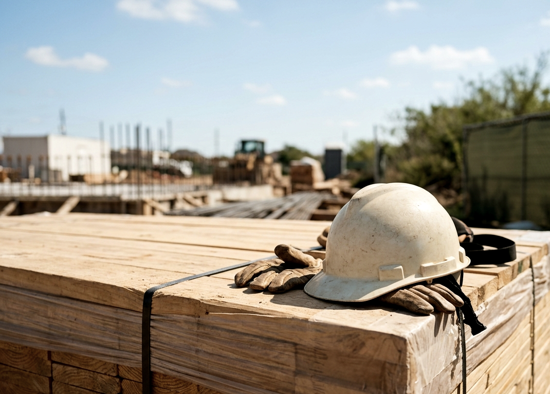 Construction site with a white safety helmet and work gloves on a stack of raw wooden planks under a partly cloudy sky.