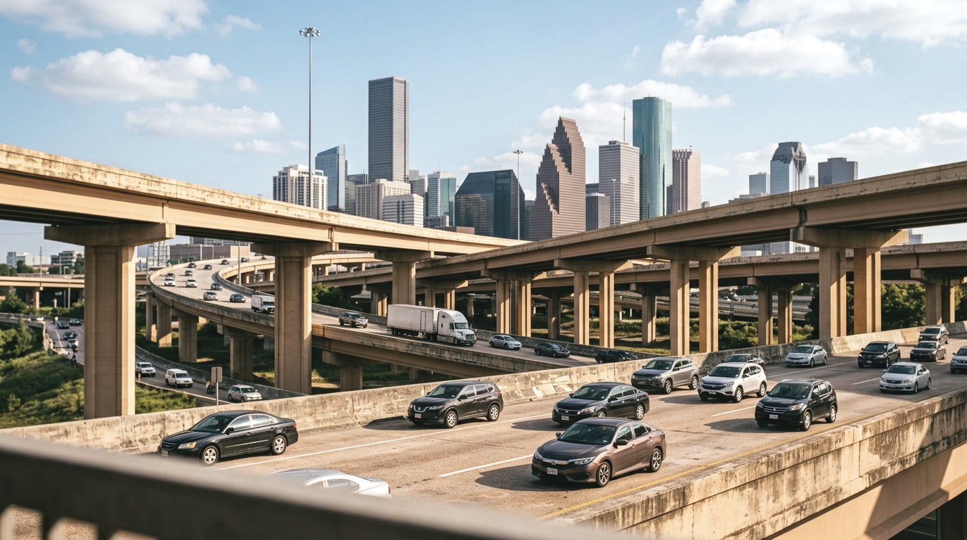 City skyline viewed from a highway overpass with parked cars, multiple levels of roads, and high-rise buildings in the background. Houston
