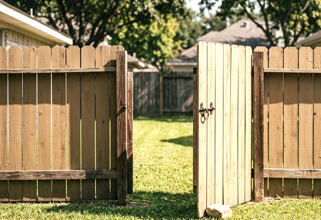 Open wooden gate in a backyard, with a lawn and trees in the background.