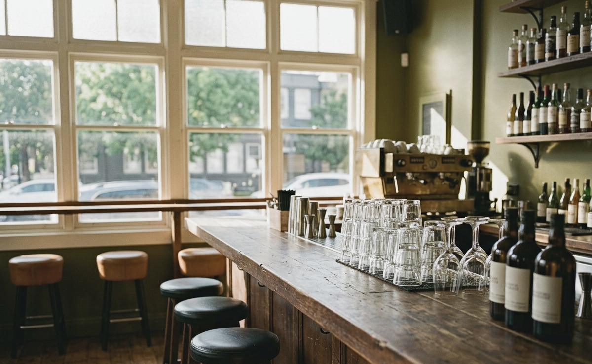 Empty bar with glasses, bottles, and coffee machine near large windows showing parked cars outside.