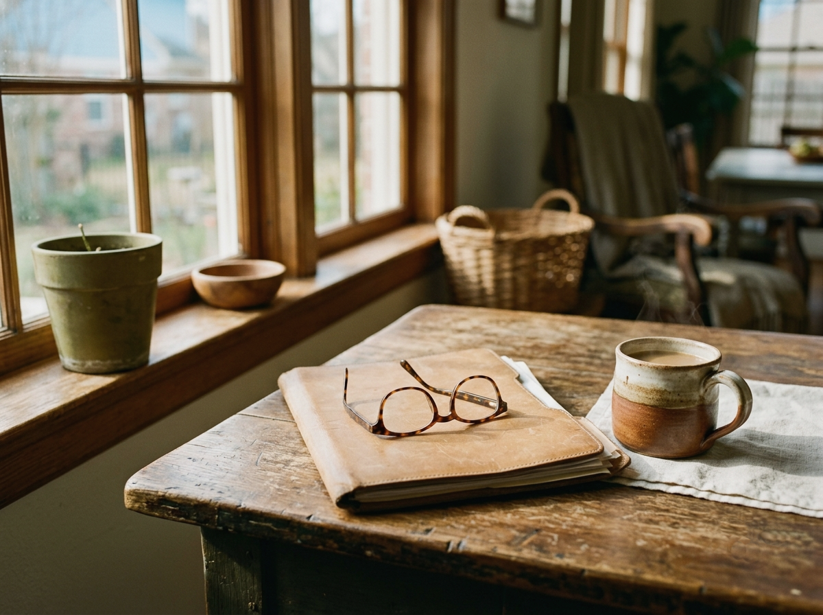 A rustic wooden table with a pair of glasses, a closed notebook, and a steaming coffee mug, set near a window with a view of the outside, in a cozy, well-lit room.
