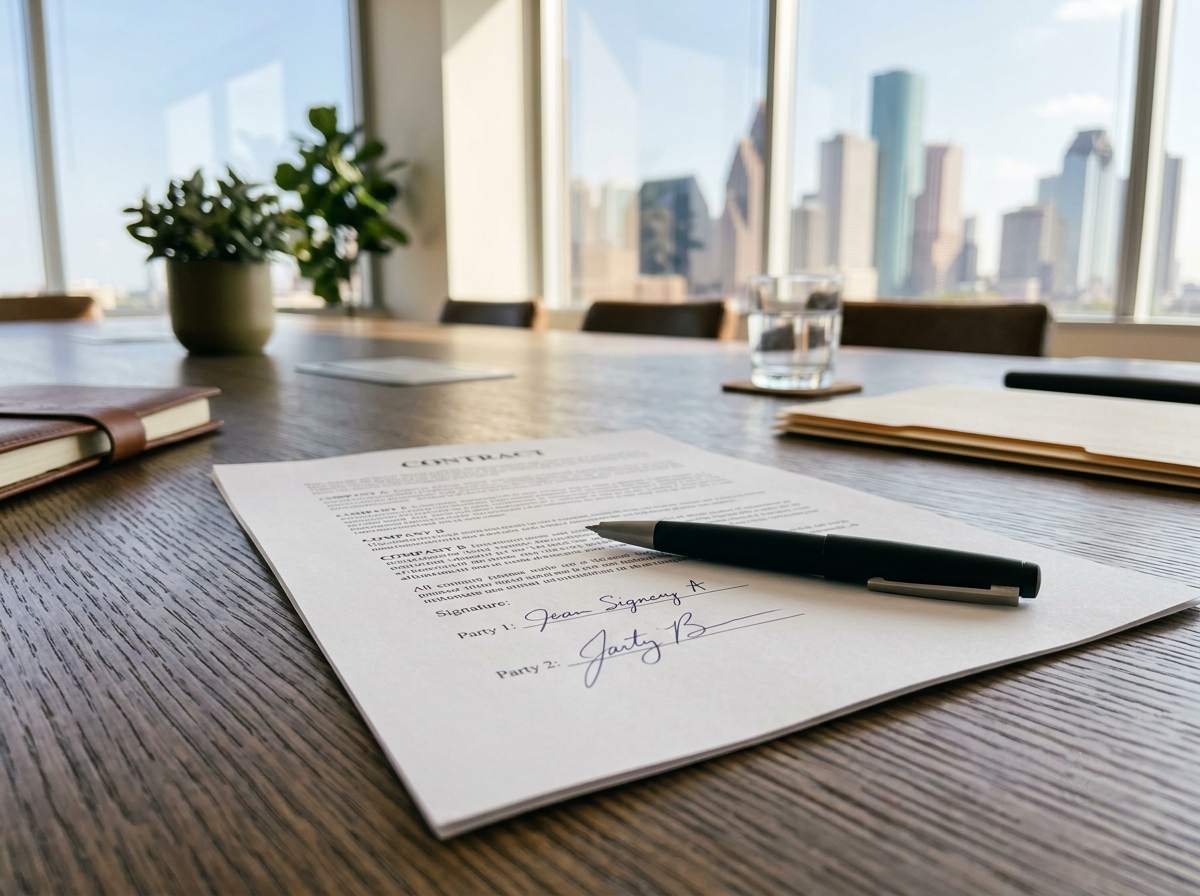A contract document on a wooden table with a pen, a glass of water, a potted plant, and documents in an office with large windows showing a city skyline.