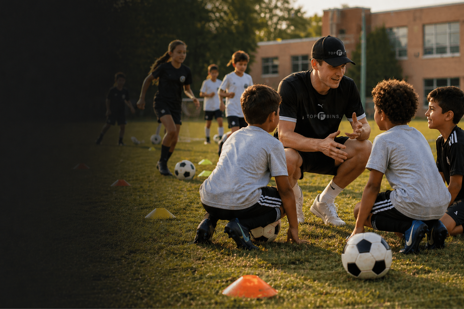 A group of children in soccer uniforms sitting on a grassy field with a coach, during a soccer practice or game, with children jogging in the background and soccer balls and cones on the field.
