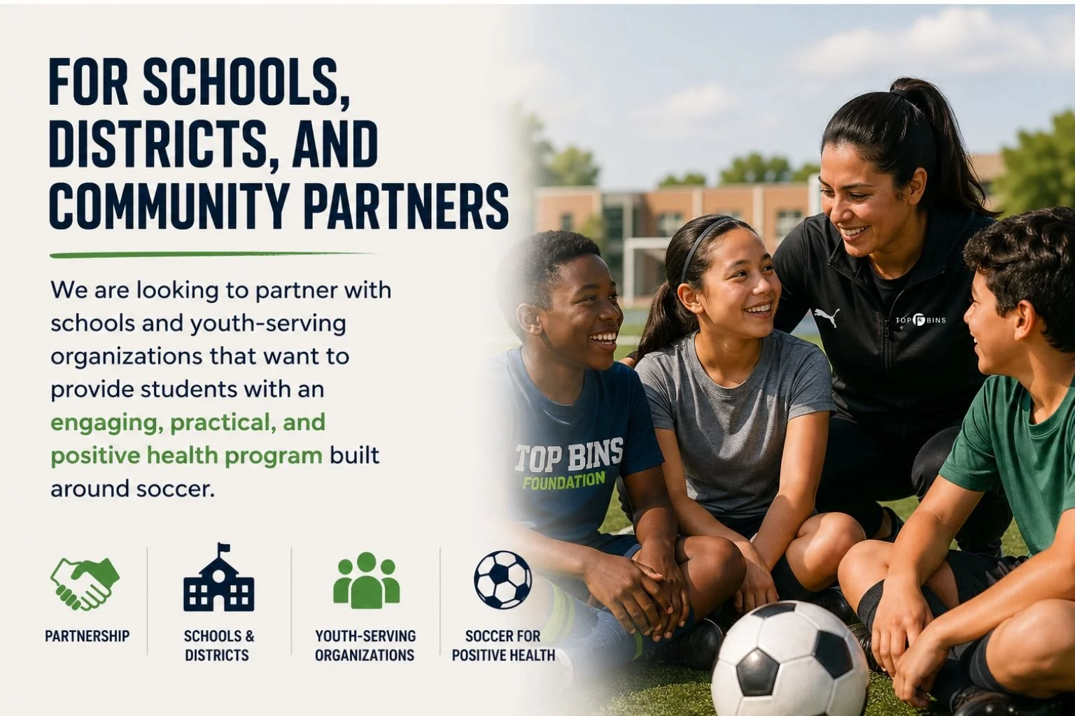 A woman coaching four children in a soccer field, smiling and sitting on the grass with a soccer ball. The scene promotes partnerships with schools, districts, and community organizations for youth health programs.