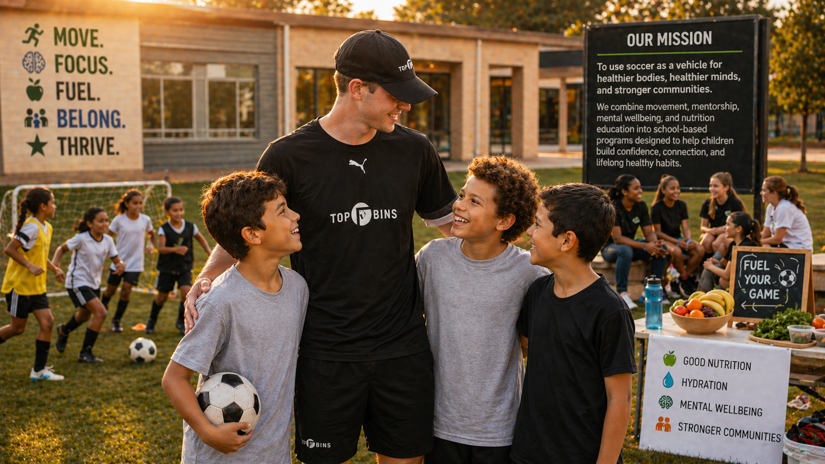 A youth soccer game at a school field, with children playing soccer and a group of kids and an adult smiling and talking in the foreground. There are signs promoting healthy habits and a table with fruit and water.