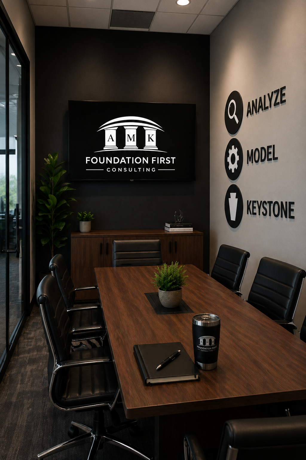 A modern conference room with a wooden table surrounded by black leather chairs, a potted plant, a black and white logo on a television screen reading 'Foundation First Consulting,' and wall graphics listing steps: analyze, model, keystone.