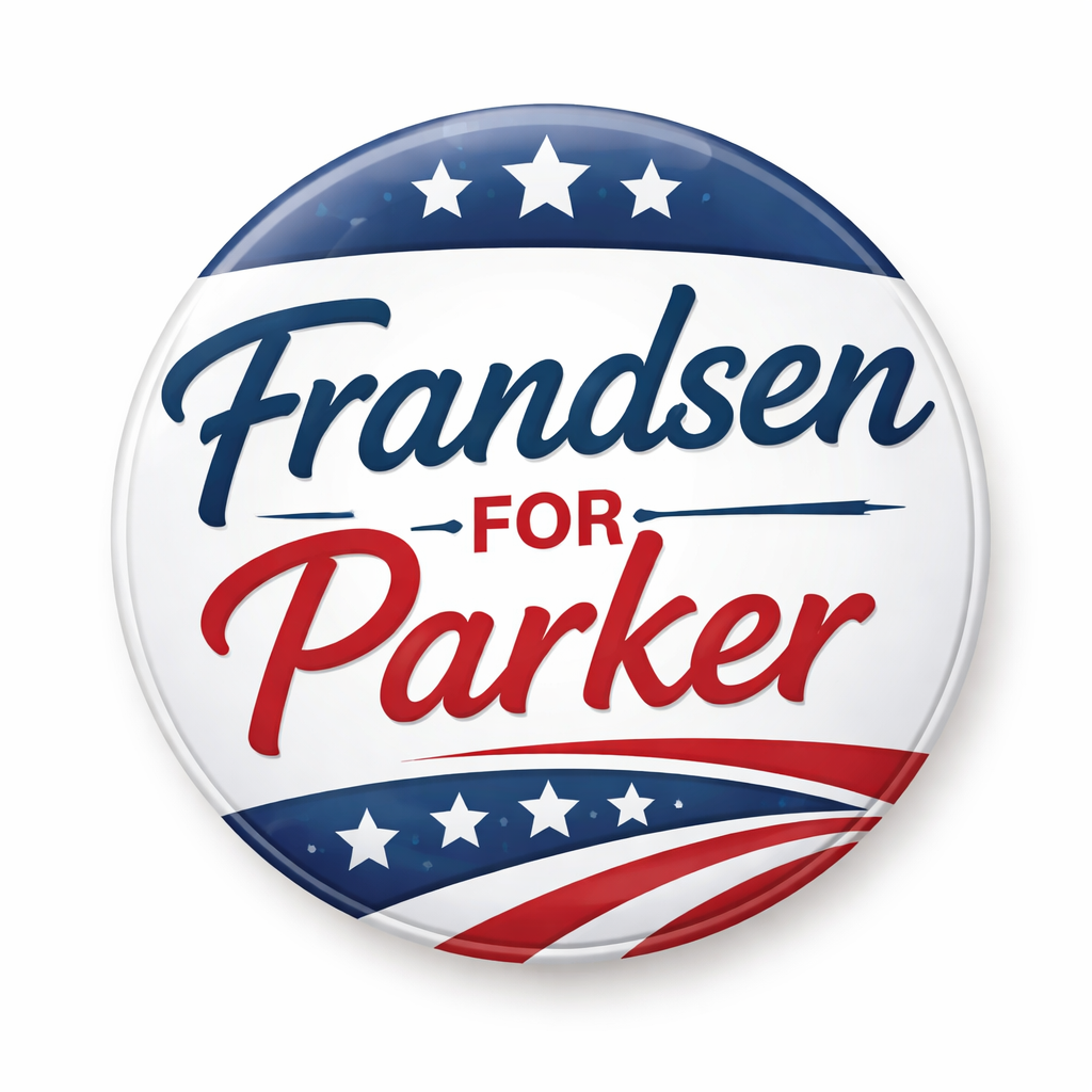 Political campaign button with the text "Frandsen for Parker" in red, white, and blue colors with stars and stripes.