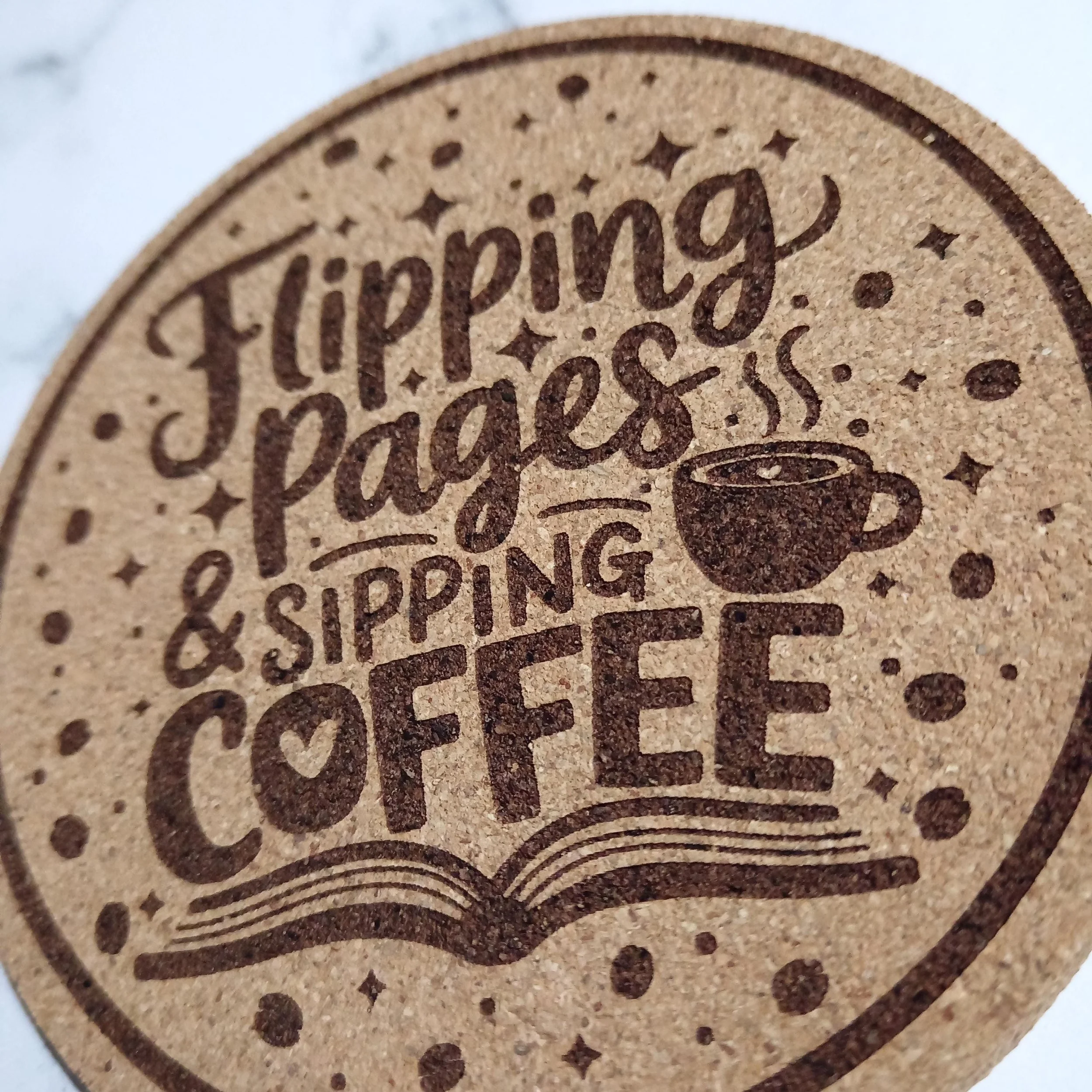 Cork Coaster - Flipping Pages & Sipping Coffee